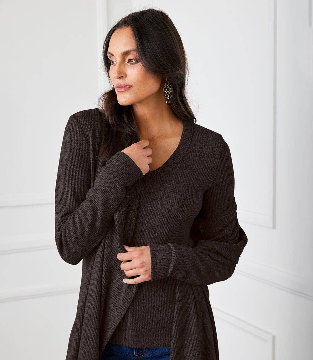 Karen Kane - Long Sleeve Ribbed V-Neck Top in Brown