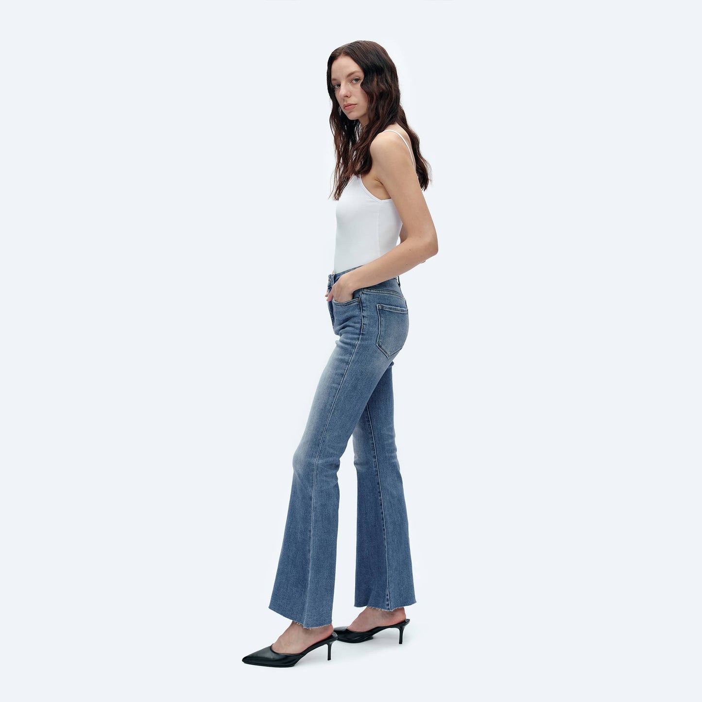 BAYEAS - HIGH RISE FLARE JEANS WITH RAW HEM FREEFALL