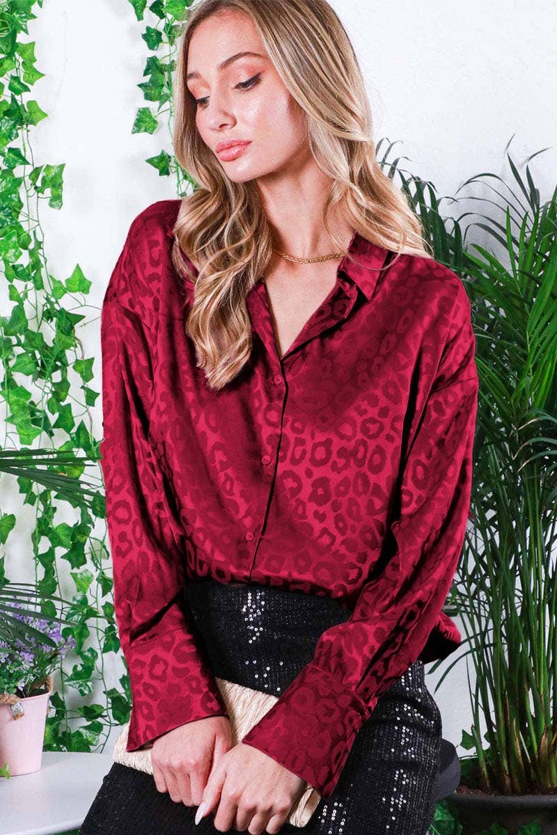 Vine & Love - Collared Animal Jacquard Shirt Blouse BURGUNDY