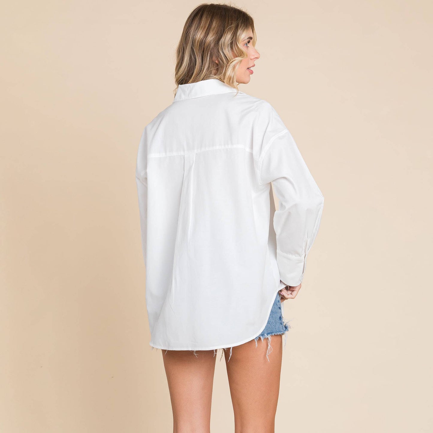 RP Oversized V neck Collared Long Sleeve Oxford Shirt: White