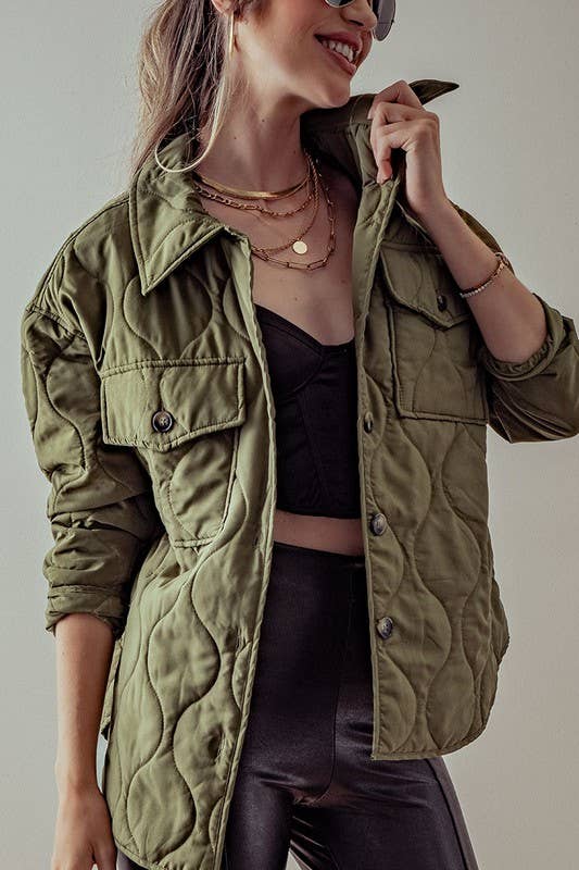 LIGHTWEIGHT QUILTED COLLARED JACKET: OLIVE