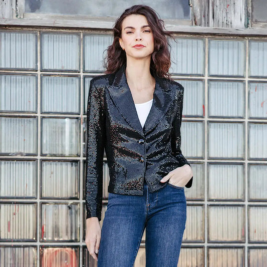 Clara Sunwoo - Sequin Knit - Modern Button Blazer: Gunmetal