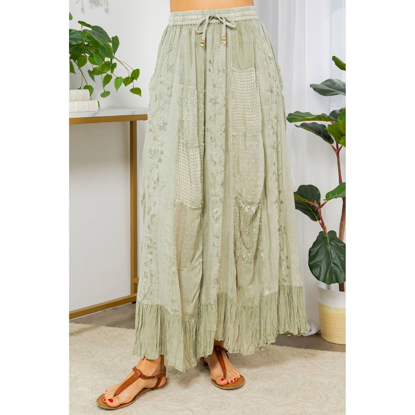 Young Threads - Gypsy Rhapsody: Textured Tiered Skirt With Aari Embroidery: Olive