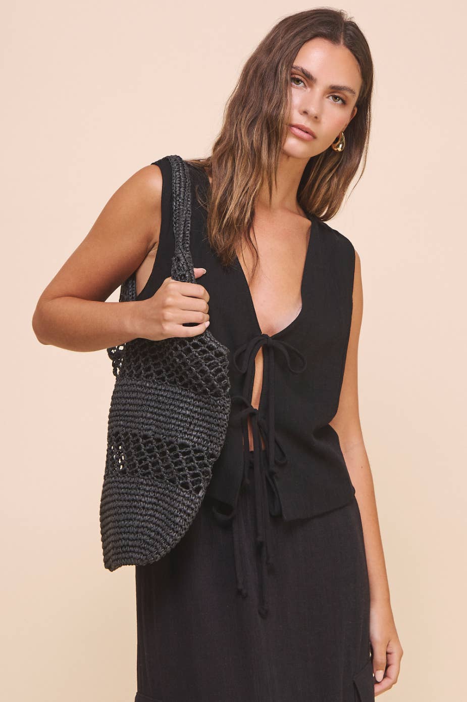 Linen Tie Vest Black: Black