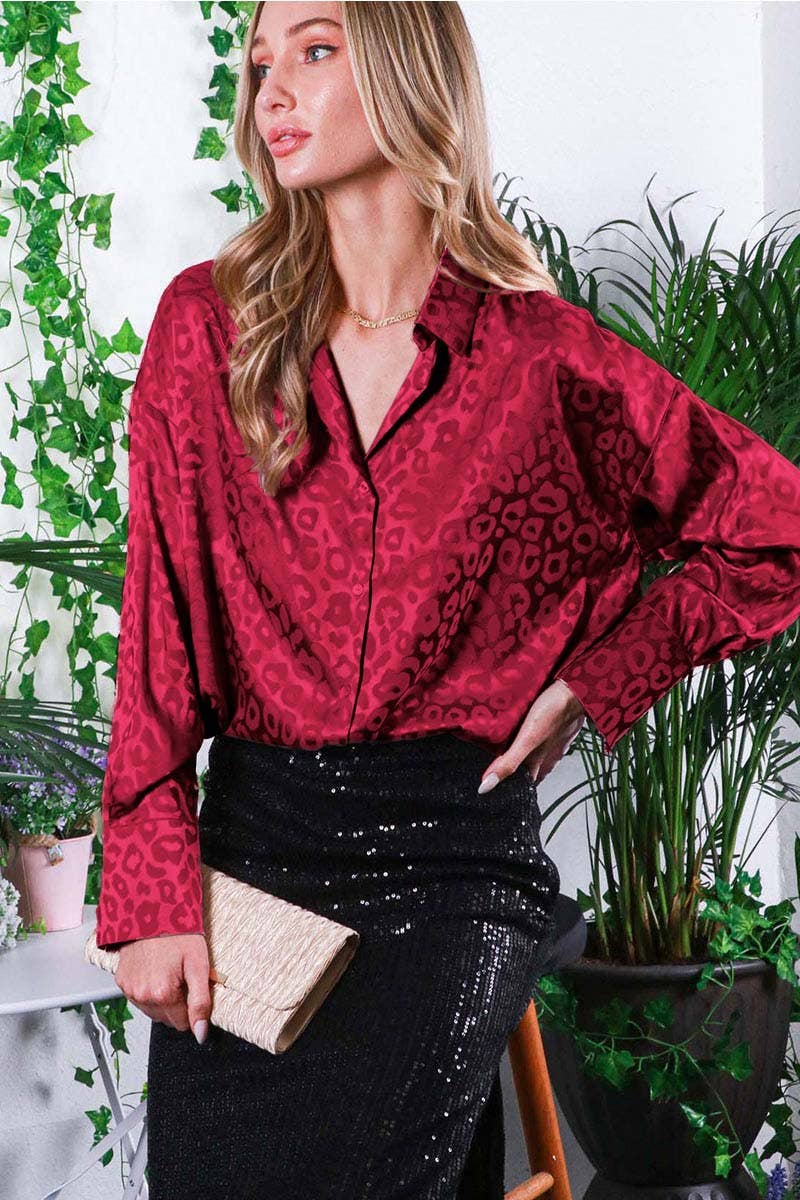 Vine & Love - Collared Animal Jacquard Shirt Blouse BURGUNDY