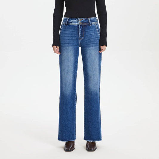 BAYEAS -HIGH RISE STRAIGHT JEANS WITH RAW HEM DARK BLUE