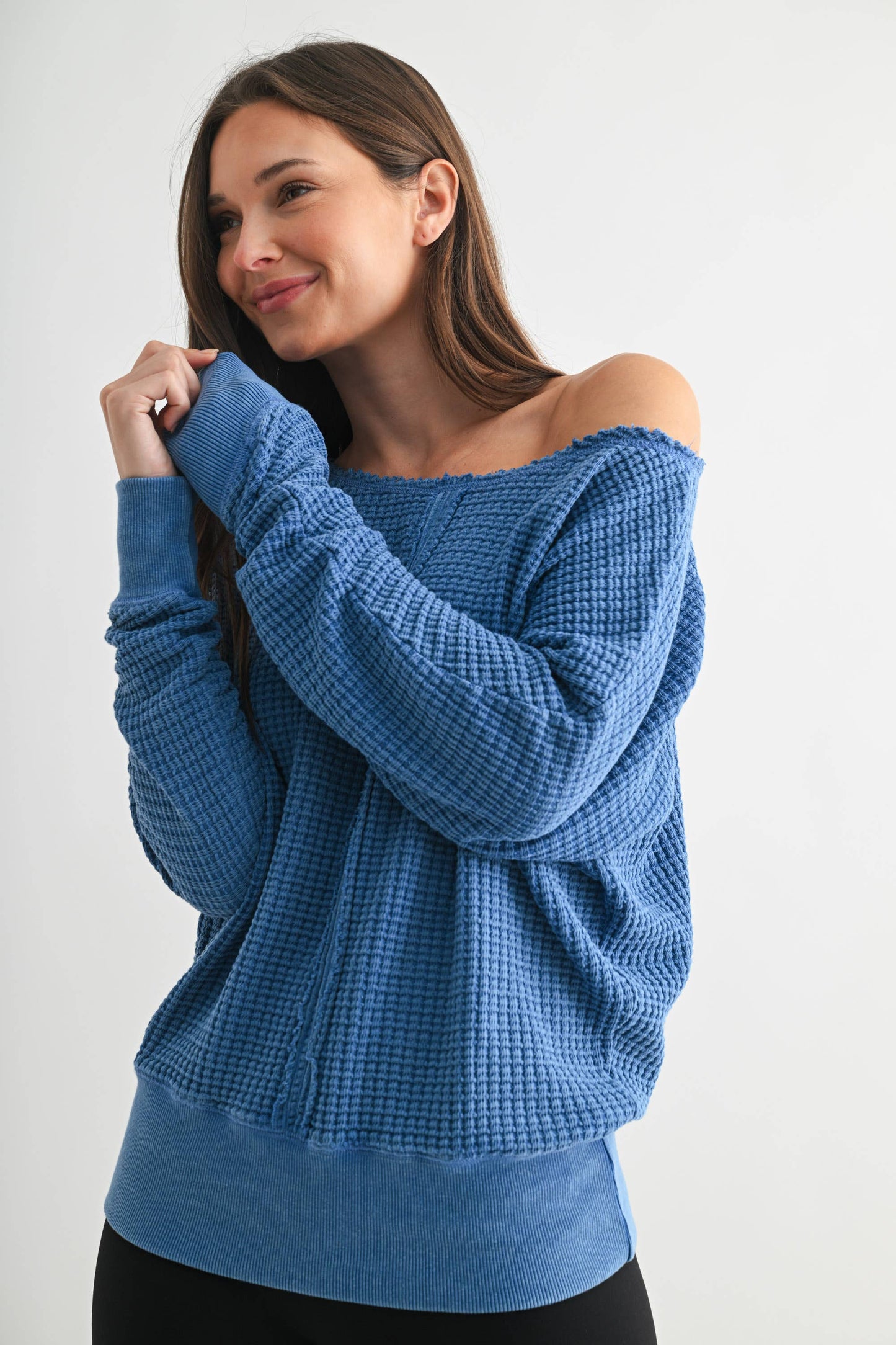 Mono B - Chunky Waffle Boat Neck Sweater: BLUE 25