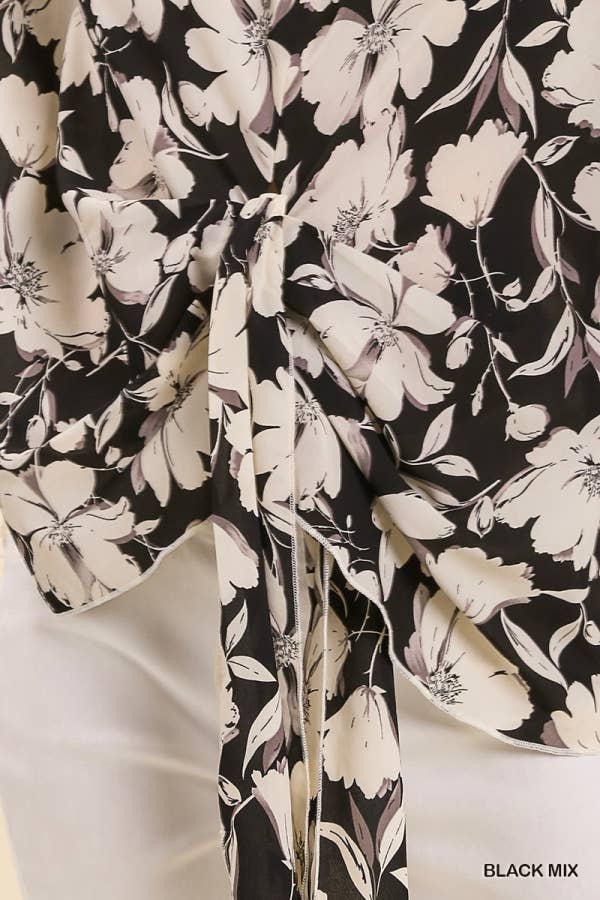 VM - Black & White Floral Print Knotted Top With Ruffle Sleeves