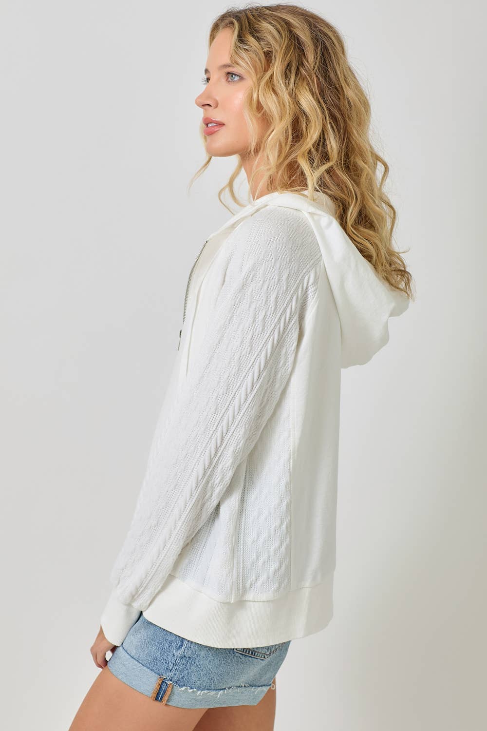 Mixed Media Hoodie Zip-Up Jacket: Washed White