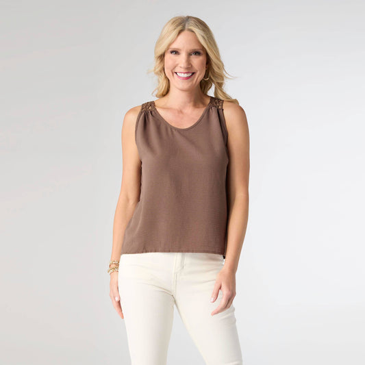 COCO + CARMEN - Maya Tank with Crochet Back Detail: Chocolate Mousse