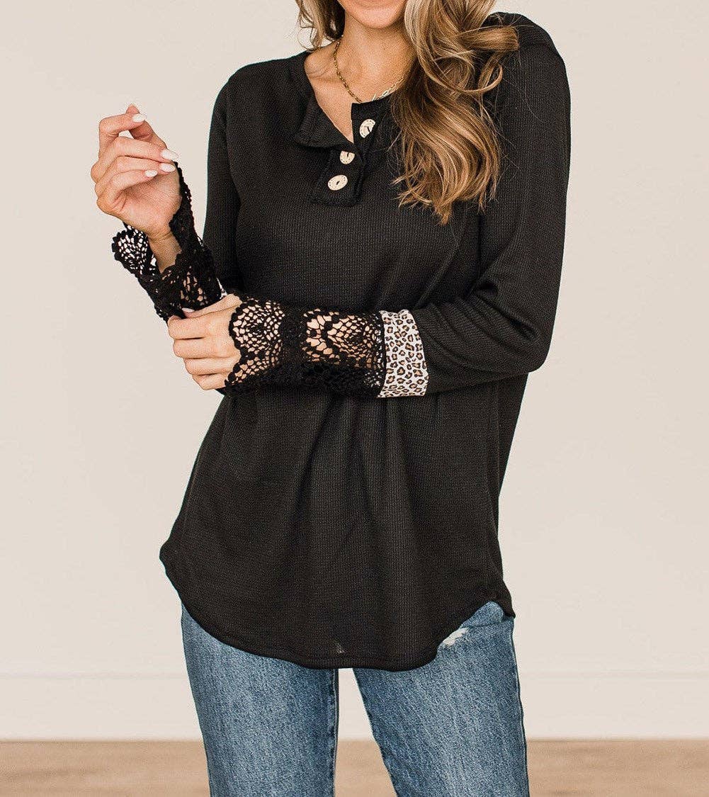 Secret Style Source - Delicate Lace Leopard Sleeve Top: M