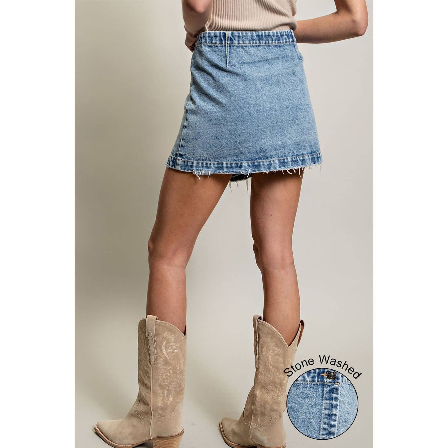 STONE WASHED WRAP MINI SKORT: DENIM