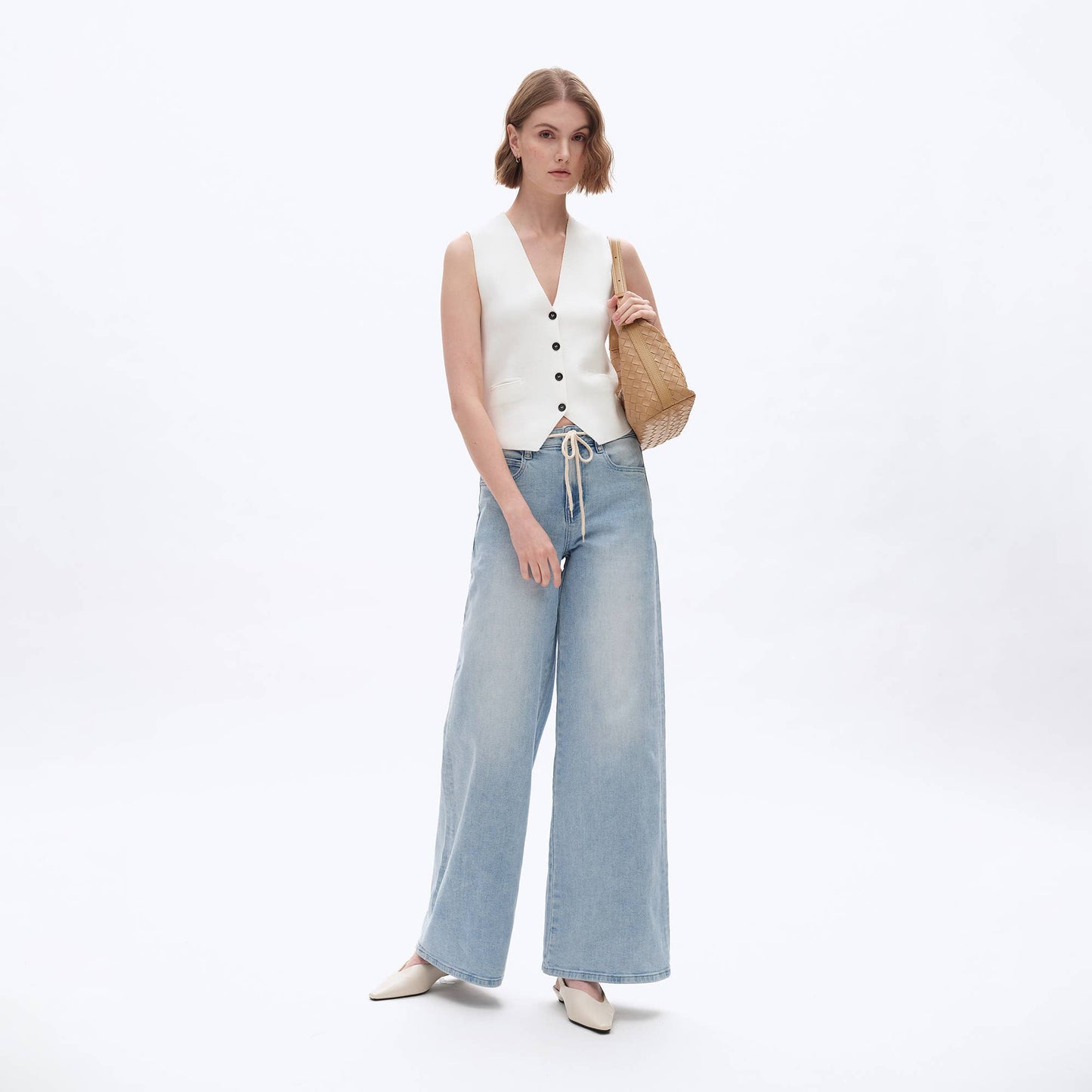 BAYEAS - HIGH RISE DRAWSTRING DENIM JEANS WITH FINISHED HEM LIGHT BLUE