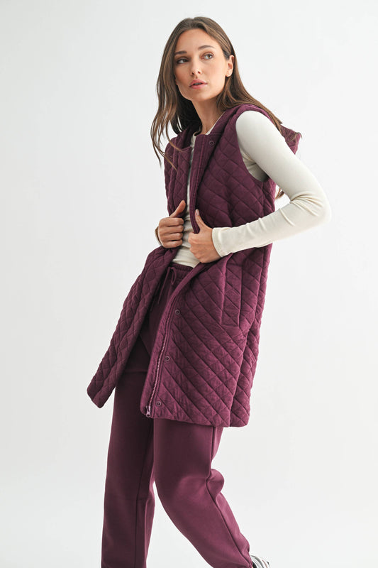 Mono B - Longline Quilted Cotton Blend Vest: DARK PLUM