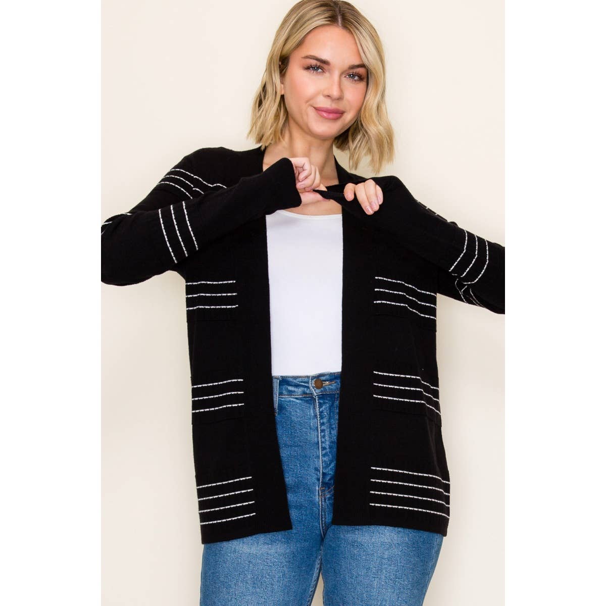 STACCATO - STITCH STRIPED SWEATER CARDIGAN: BLACK