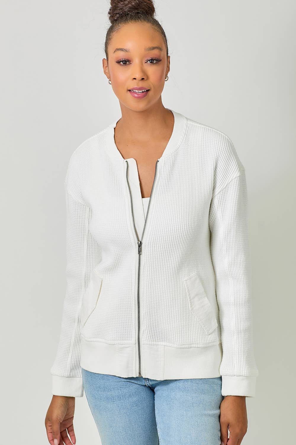 Washed Thermal Bomber Jacket in Off White