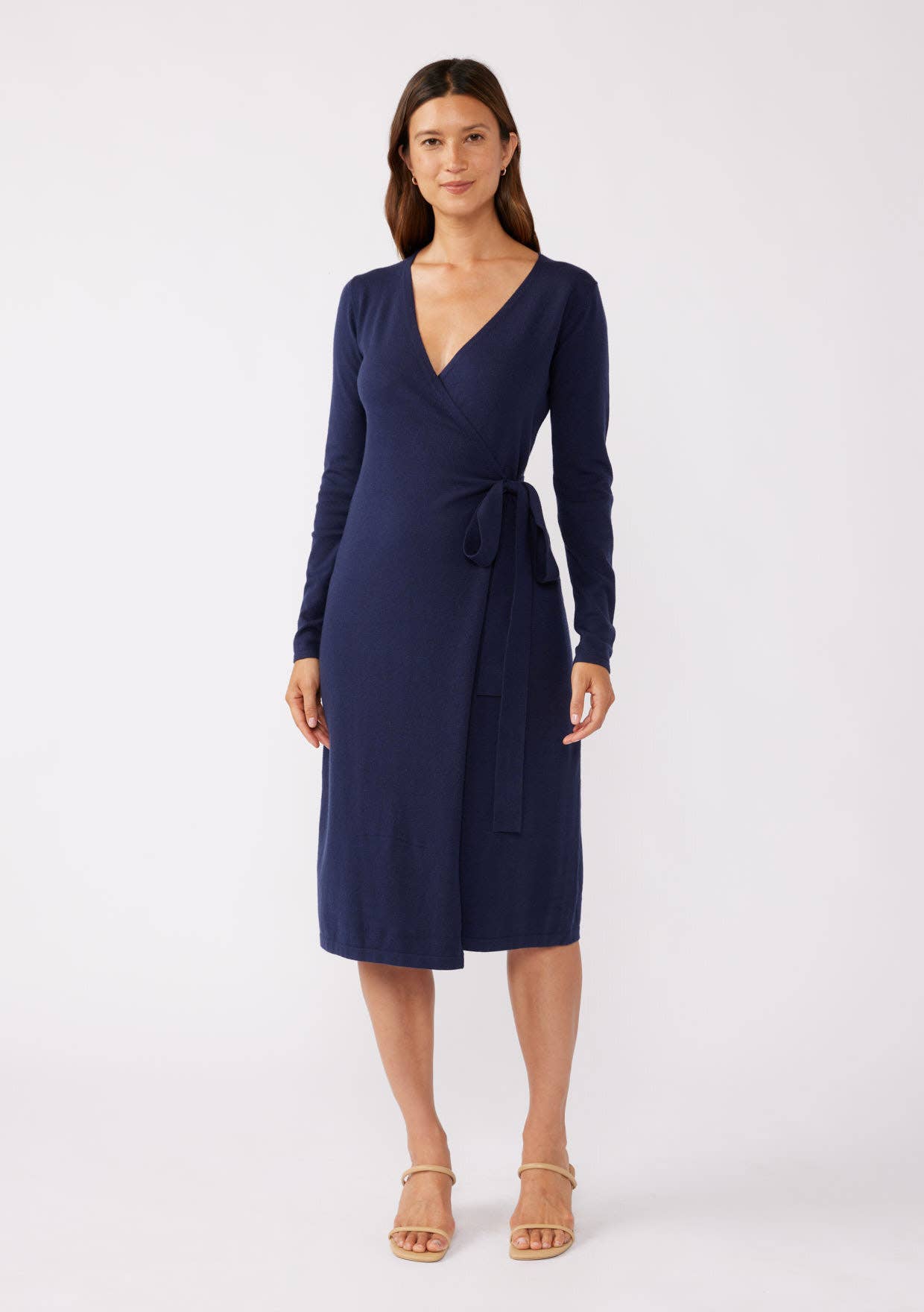 Long Sleeve Sweater Wrap Dress in Navy