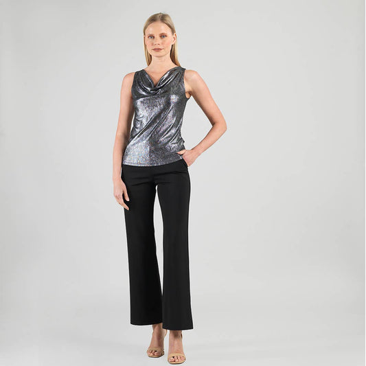Clara Sunwoo - Metallic Shimmer - Cowl Neck Draped Tank: Gunmetal