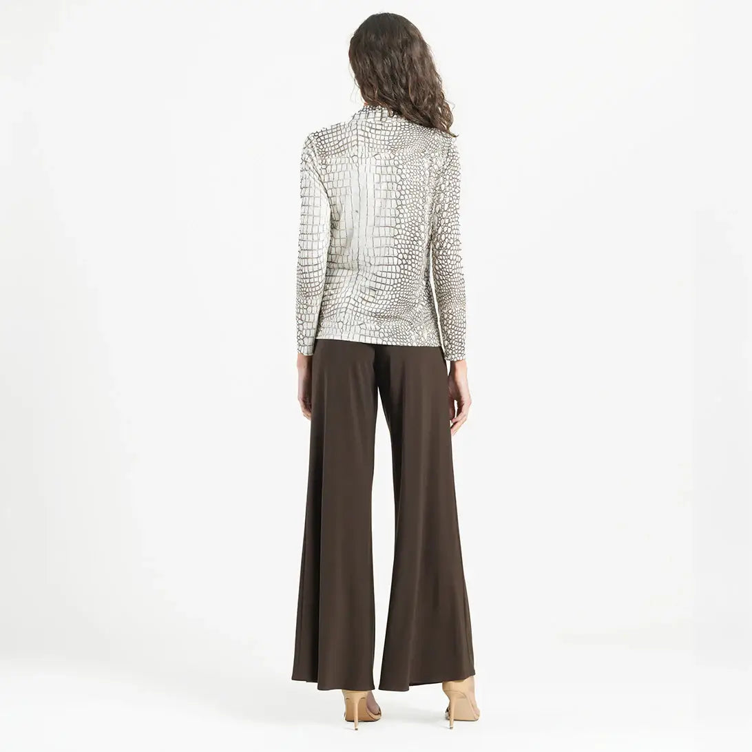 Clara Sunwoo - Shimmer Textile, V-Neck Draped Pleat Top, Croc Scale: Ivory/Mocha