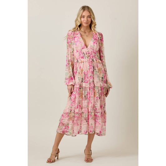 SKYLAR ROSE - FLORAL LACE LONG SLEEVE TIERED MIDI DRESS: PINK COMBO