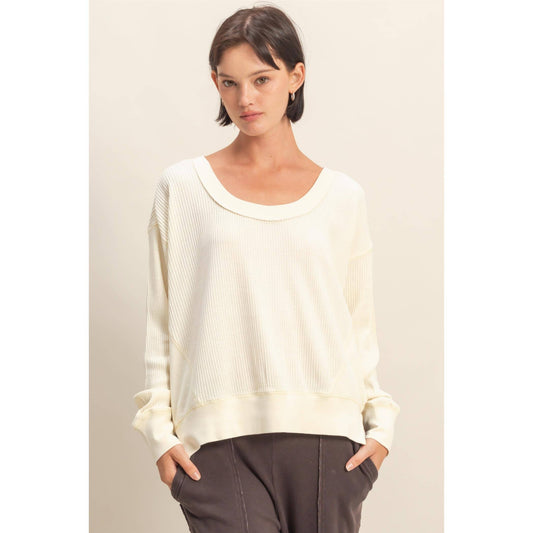 HYFVE - Scoop Neck Waffle Mineral Washed Long Sleeve Top in CREAM