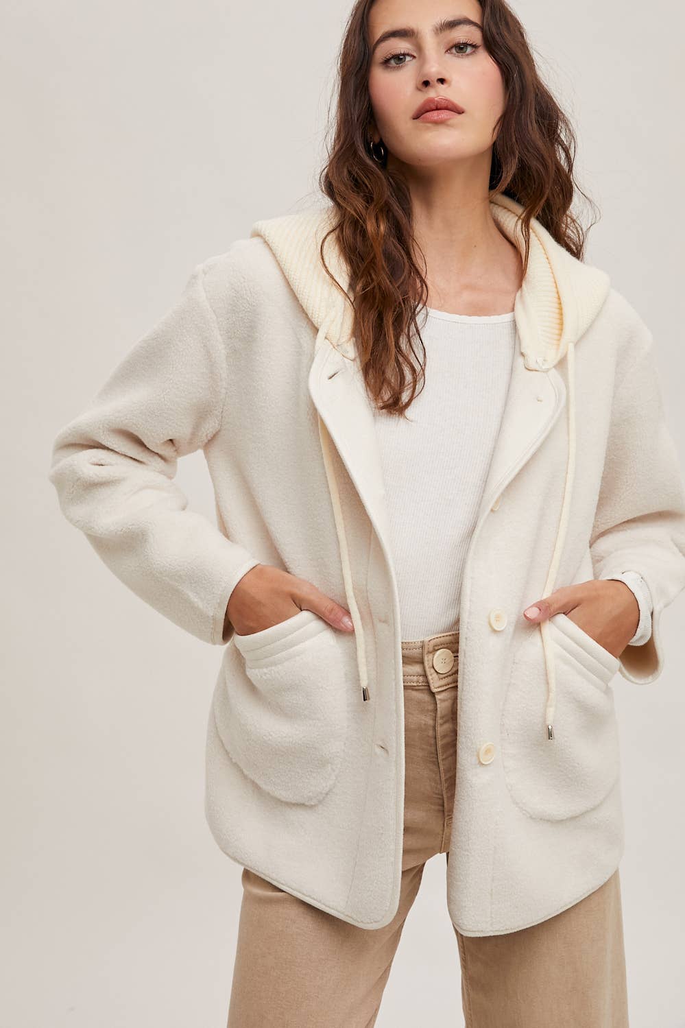 Bluivy - Fleece Hooded Button-Down Jacket Inner Faux Suede in IVORY