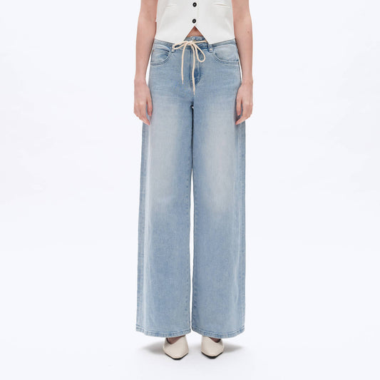BAYEAS - HIGH RISE DRAWSTRING DENIM JEANS WITH FINISHED HEM LIGHT BLUE
