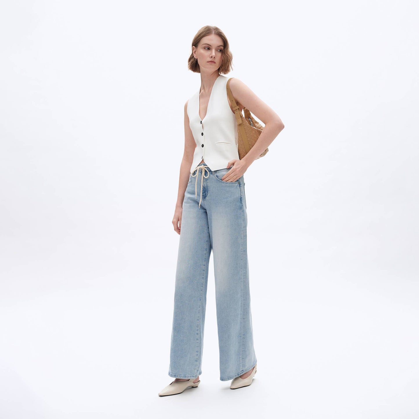 BAYEAS - HIGH RISE DRAWSTRING DENIM JEANS WITH FINISHED HEM LIGHT BLUE