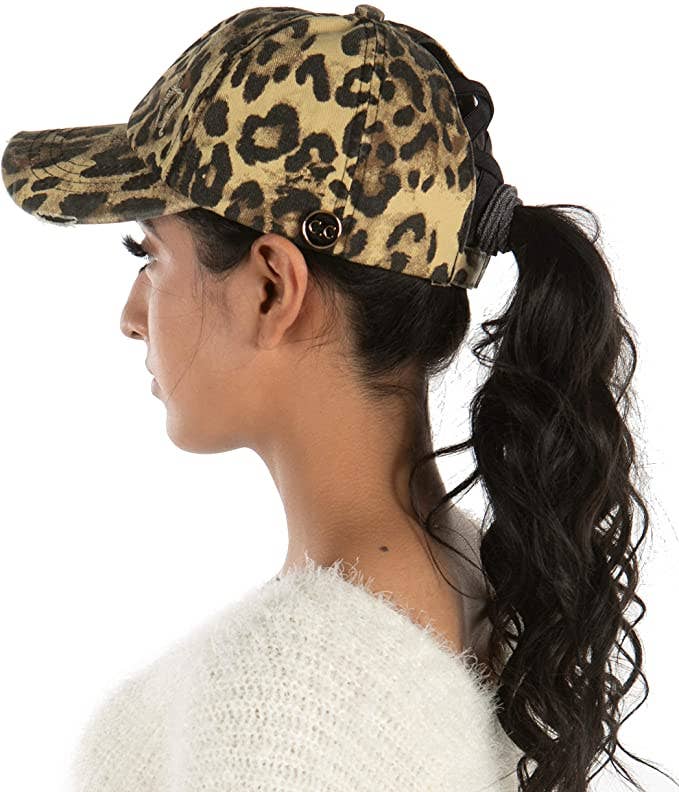 Funky Junque - Criss Cross Ponytail Cap w/Buttons (Leopard)