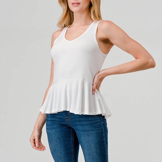 Heimious - Soft V-Neck Fitted Peplum Modal Rib Tank Top in WHITE