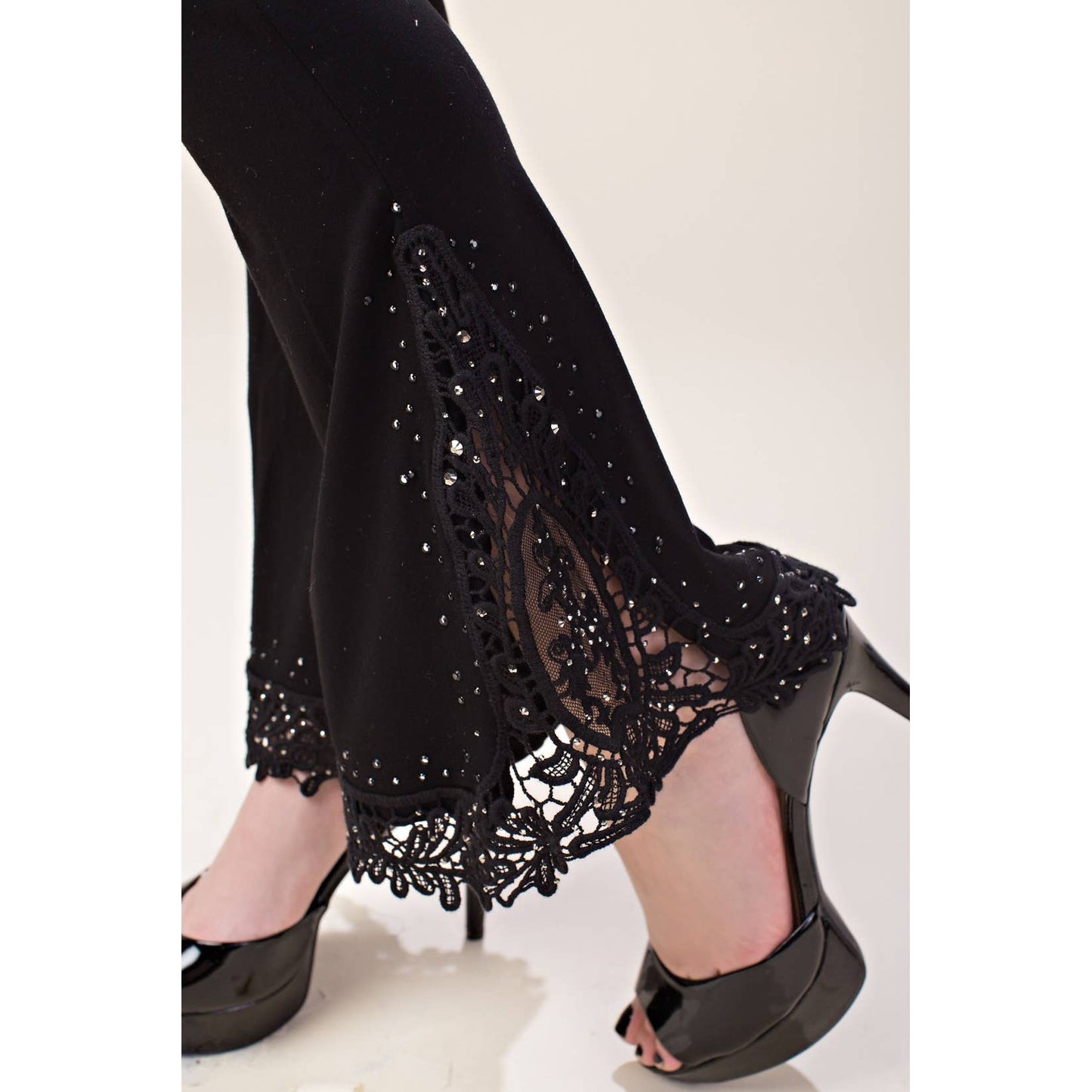 VOCAL - CROCHET LACE BELL BOTTOM LONG PANTS: BLACK