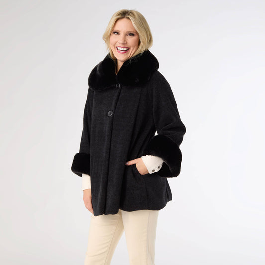 COCO + CARMEN - Janara 3/4 Sleeve Button Wrap with Faux Fur Trim: Black