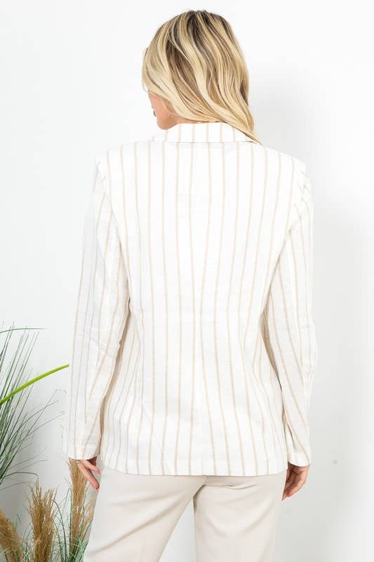 White Linen Blend Blazer With Beige Stripes