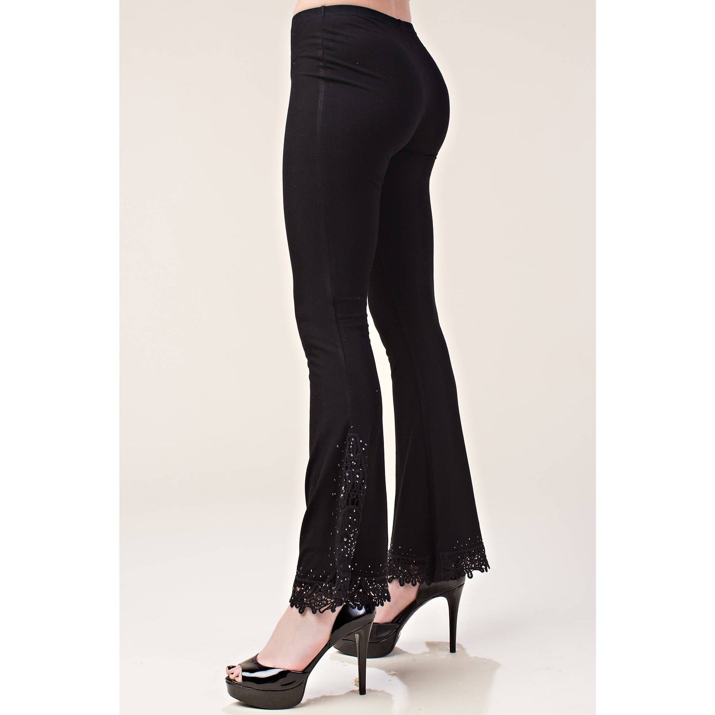 VOCAL - CROCHET LACE BELL BOTTOM LONG PANTS: BLACK