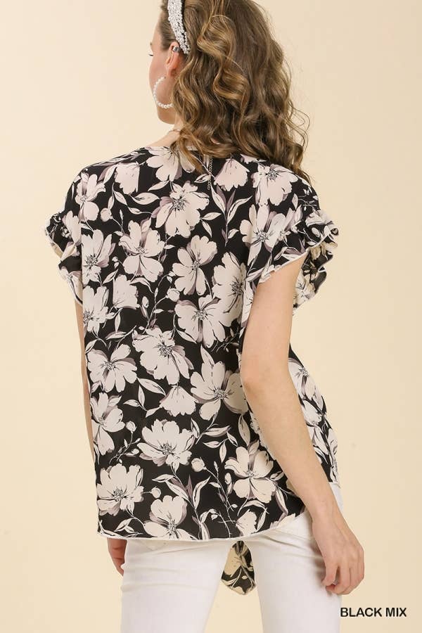 VM - Black & White Floral Print Knotted Top With Ruffle Sleeves