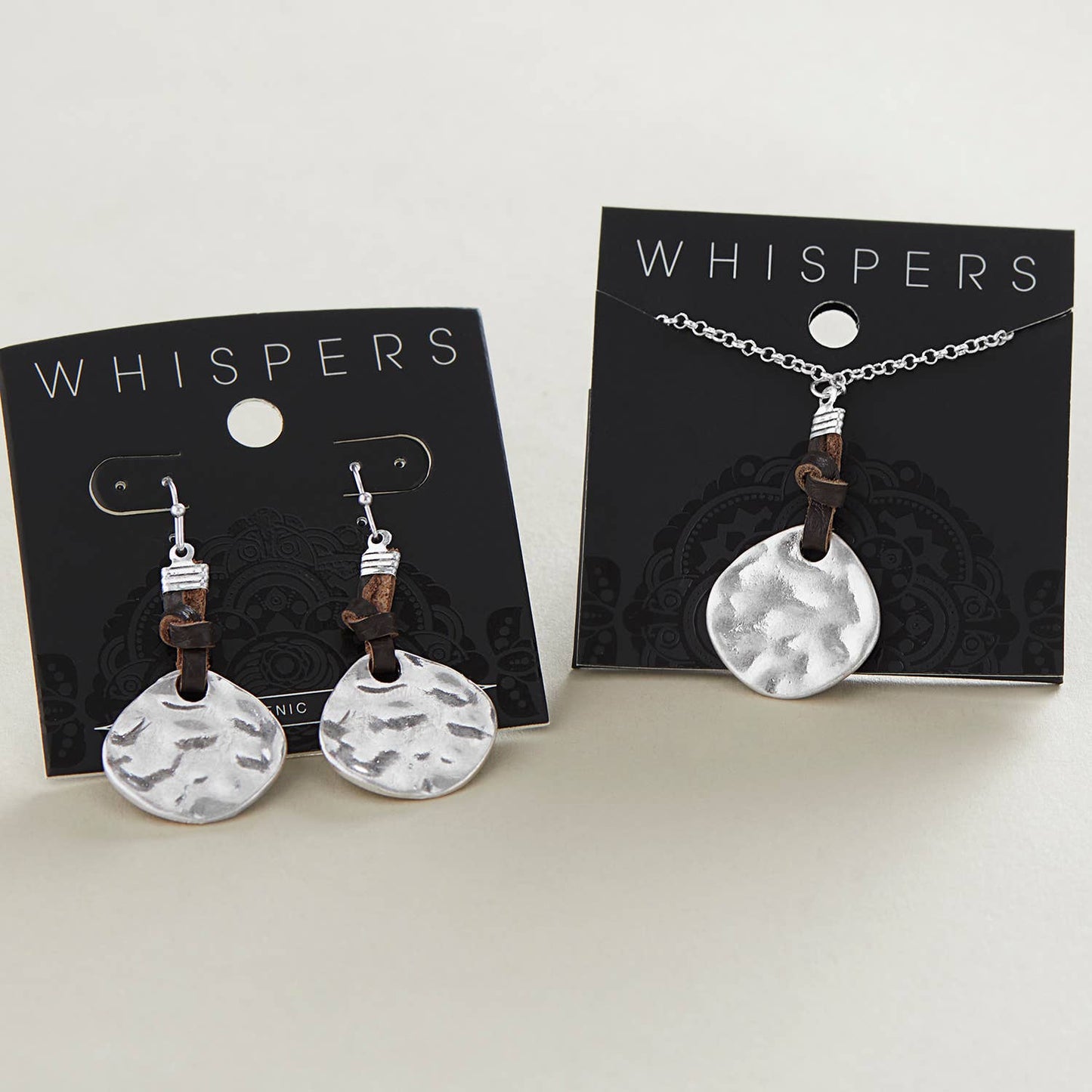 Leather Knot Hammered Disc Earrings: Silver
