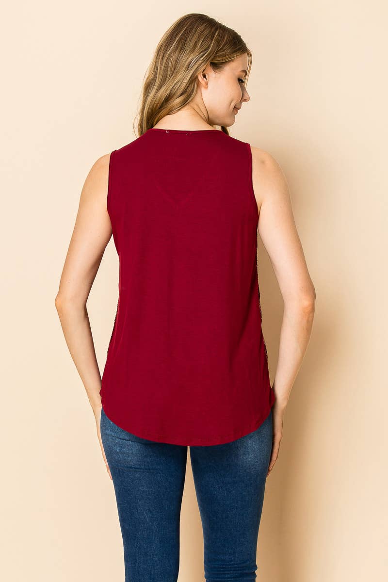 Urban Diction - SEQUIN V NECK TANK TOP: BURGUNDY