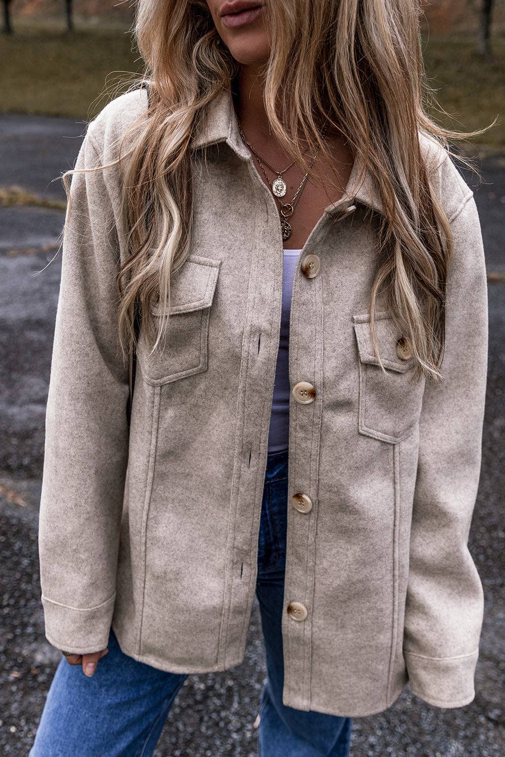 Penny Flap Pockets Buttoned Shacket: Light Grey