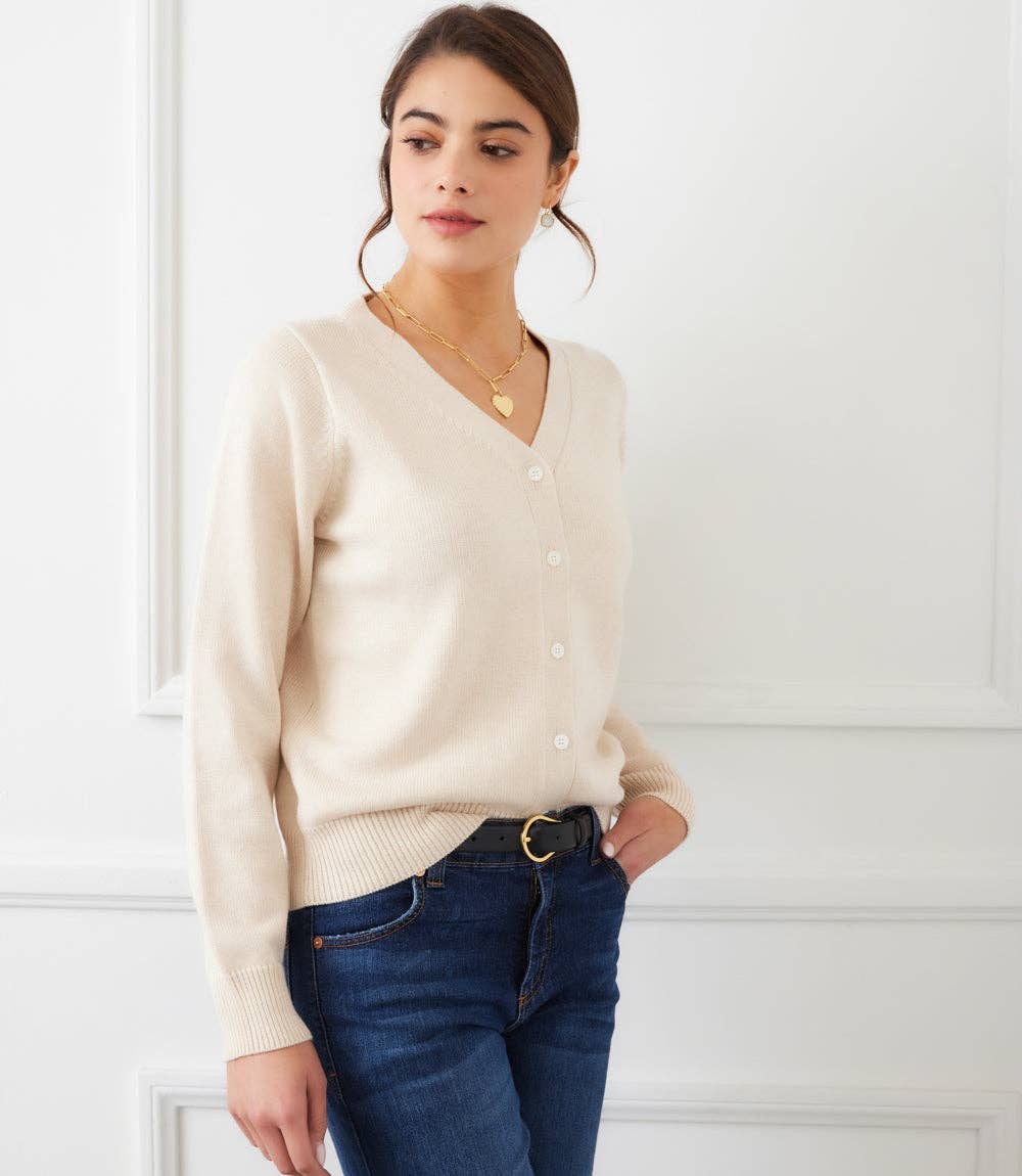 Karen Kane - V-Neck Cardigan Sweater: Ecru