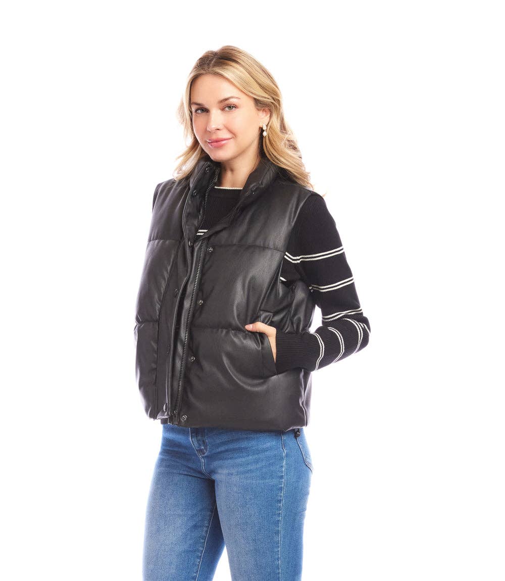 Karen Kane - Faux Leather Quilted Puffer Vest: Black