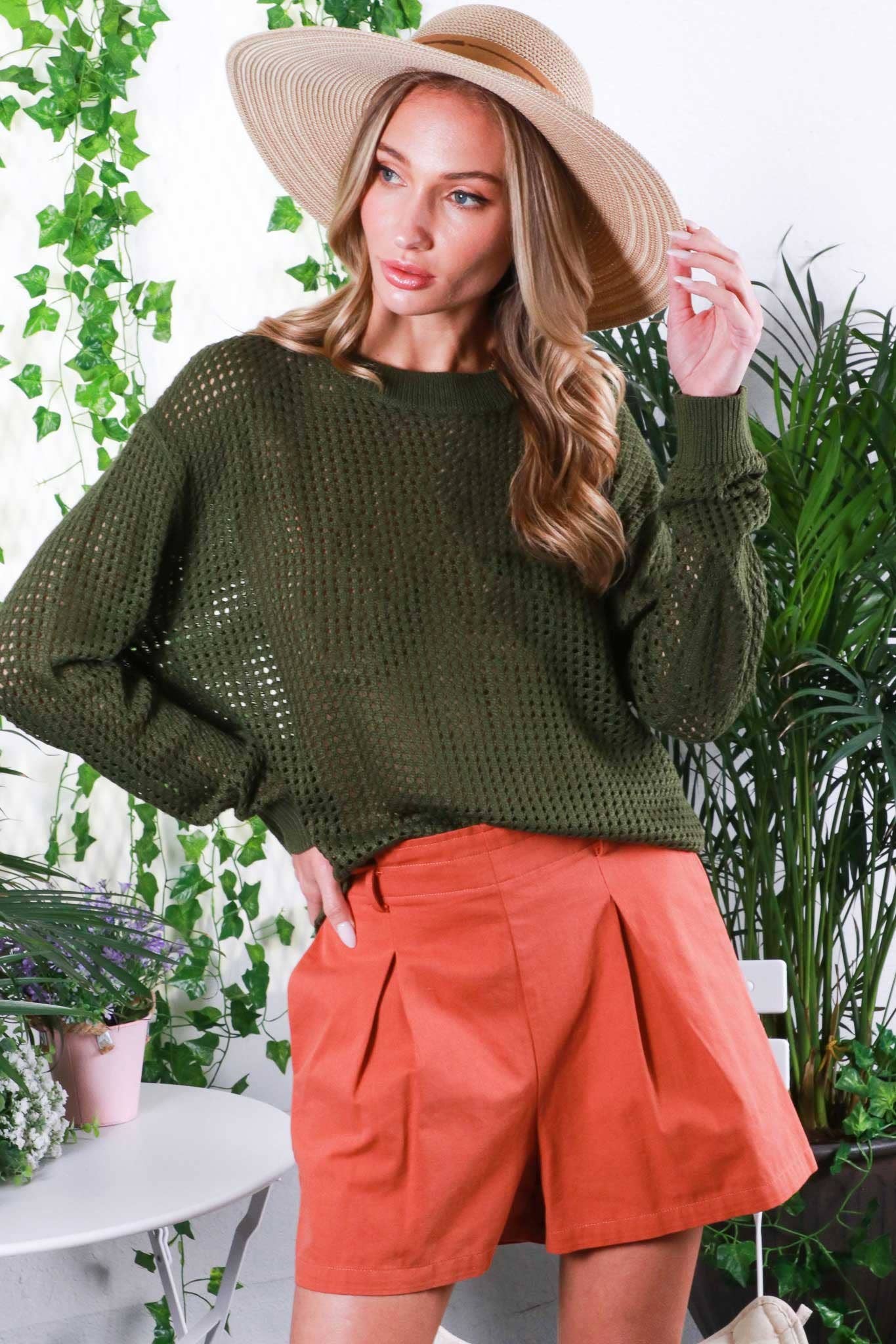 Vine & Love - Crew Neck Drop Shoulder Long-Sleeve Crochet Sweater Olive