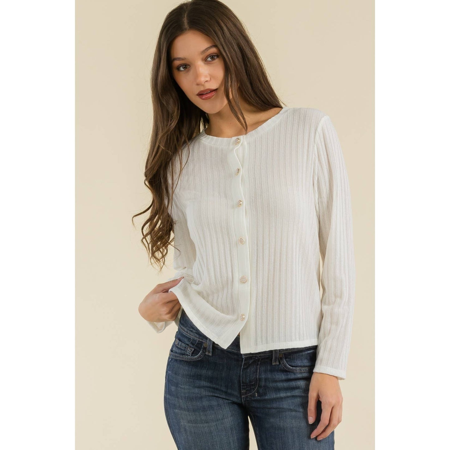 PS- Pearl Button Sweatshirt Cardigan In Ivory