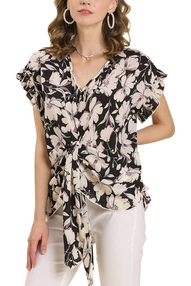 VM - Black & White Floral Print Knotted Top With Ruffle Sleeves