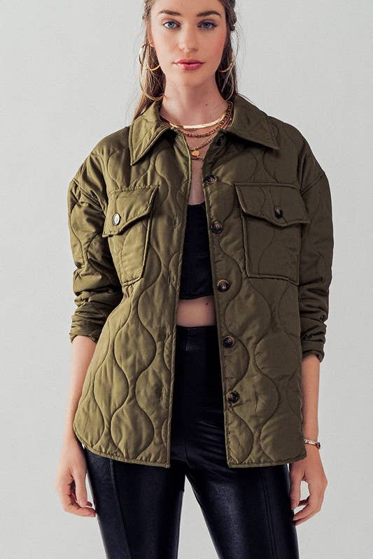 LIGHTWEIGHT QUILTED COLLARED JACKET: OLIVE