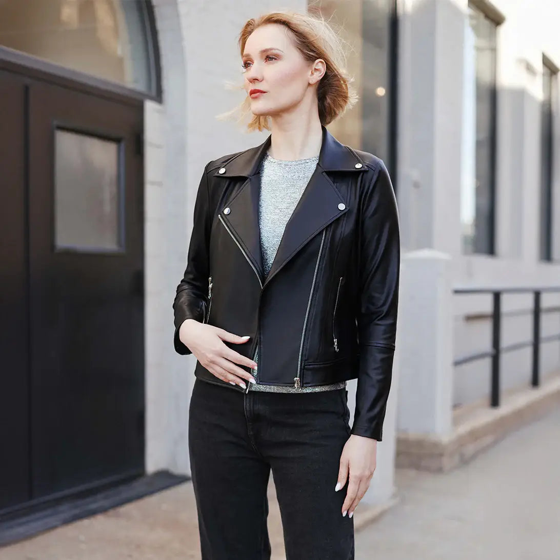 Clara Sunwoo - Liquid Leather ™ Sheen Moto Zip Jacket: BLACK