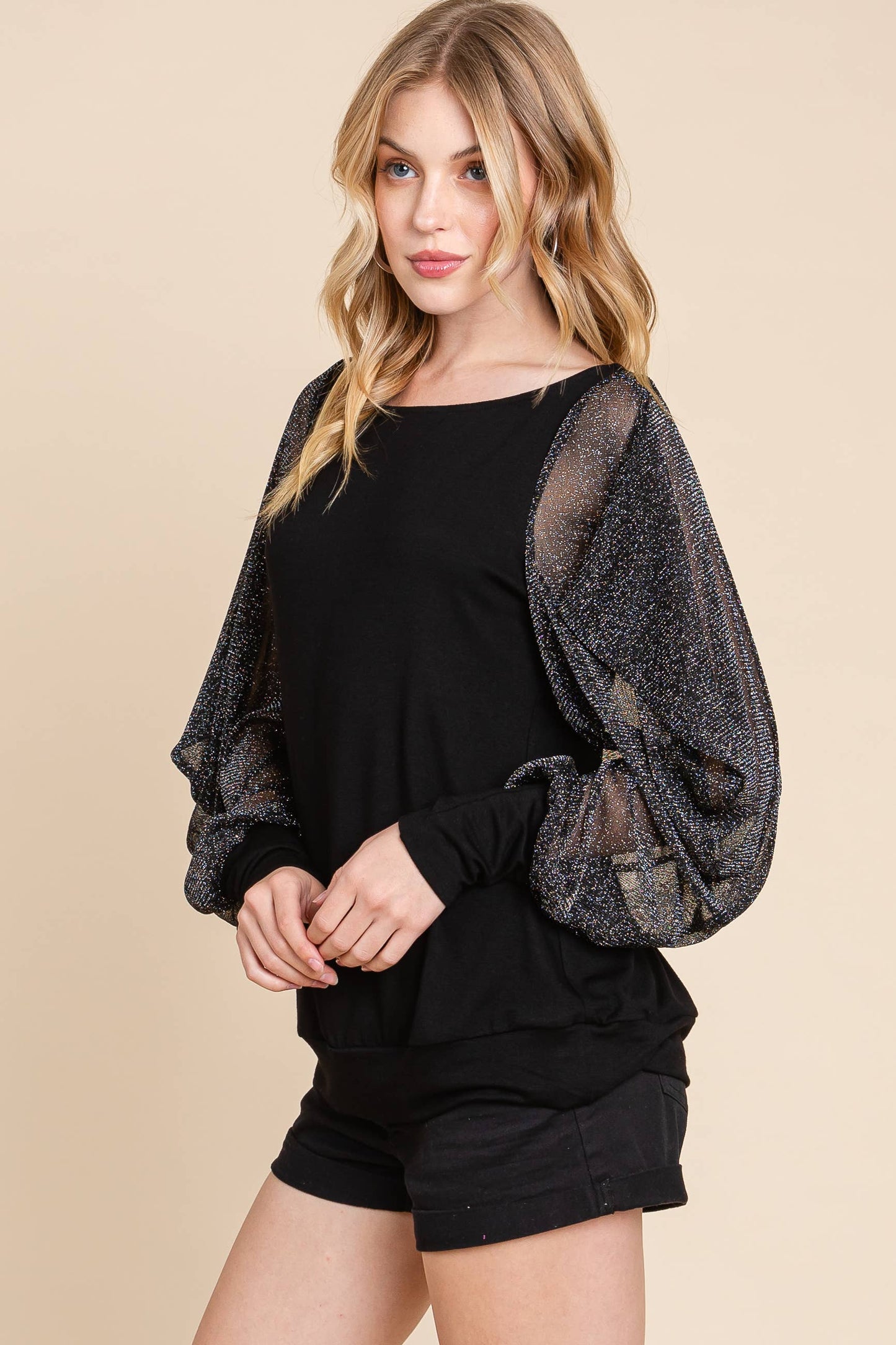 Emerald Collection Fashion Top With Balloon Mesh Sleeves Black