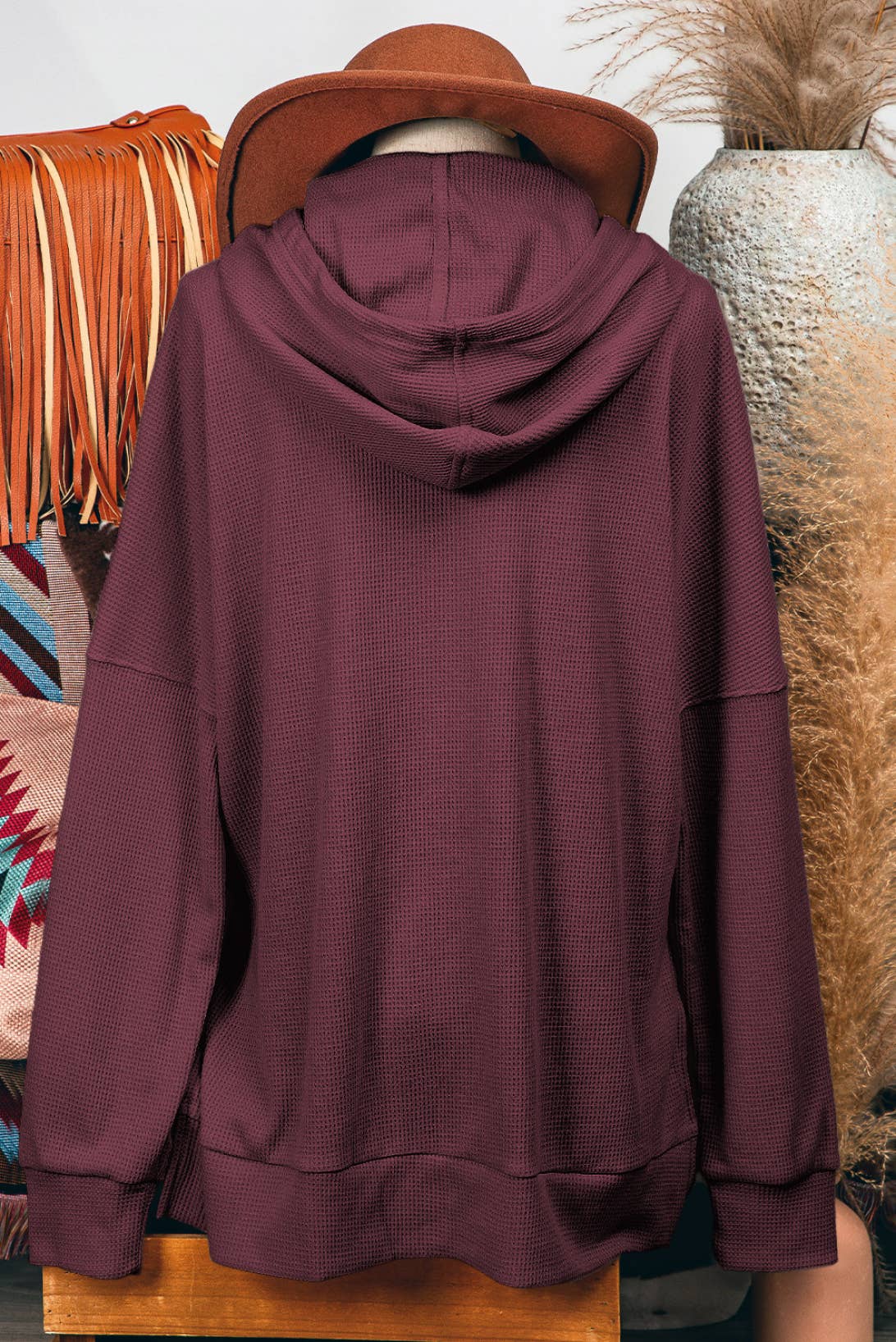 Waffle Knit Fleece Lined High Low Oversized Hoodie in Maroon