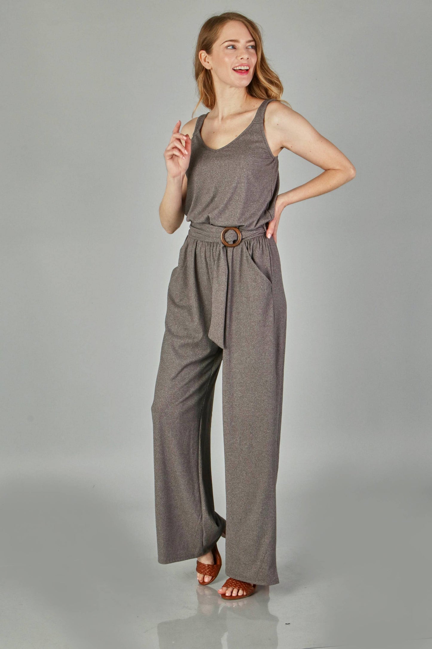 Peace Love Line - TWO TONE RIBBED KNIT JUMPSUIT: CHARCOAL