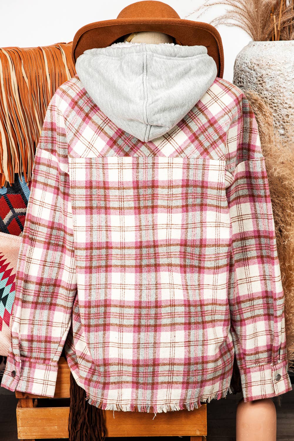 Fashion-W Plaid Flap Pocket Hooded Raw Hem Jacket: Missy