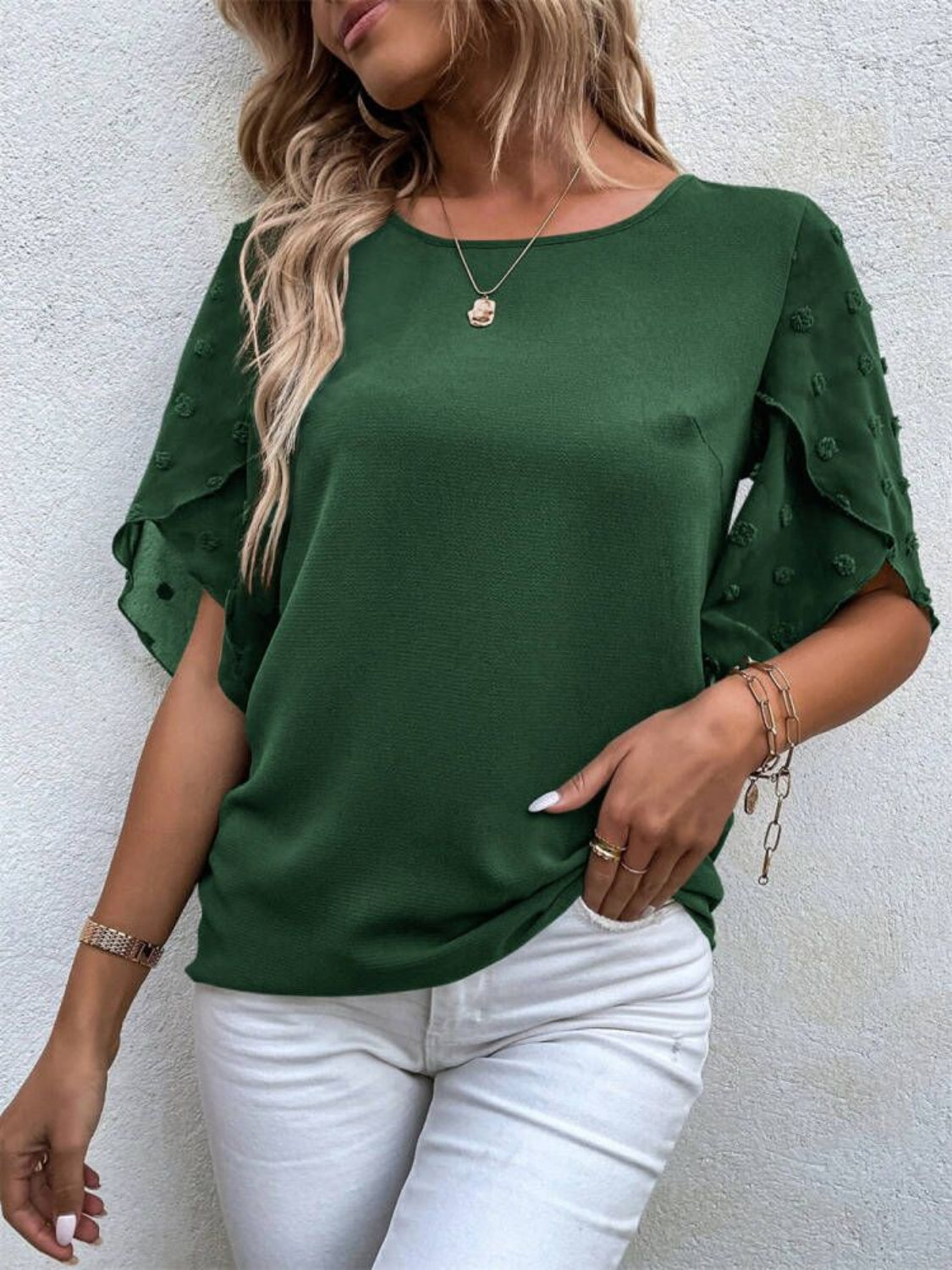 ONLINE ONLY! Swiss Dot Round Neck Half Sleeve Blouse